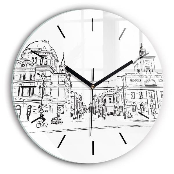 Round glass clock Illustration of the city of Poznań
