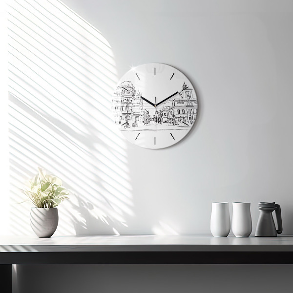 Round glass clock Illustration of the city of Poznań