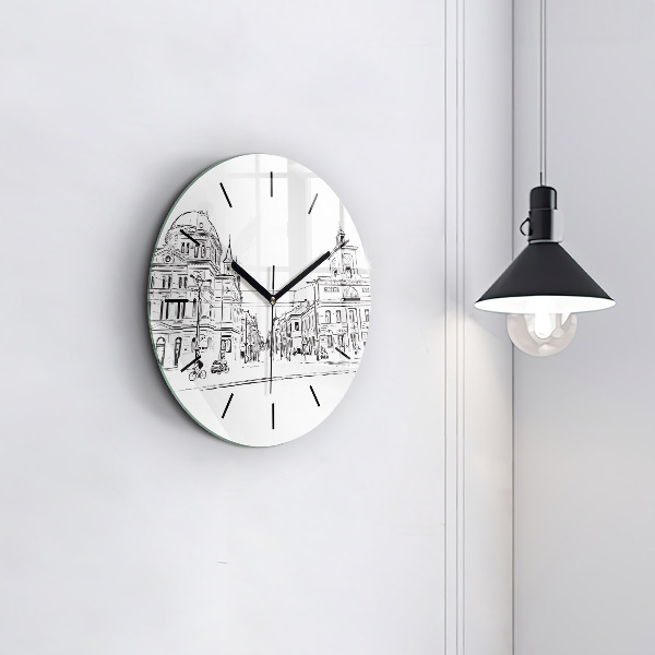 Round glass clock Illustration of the city of Poznań