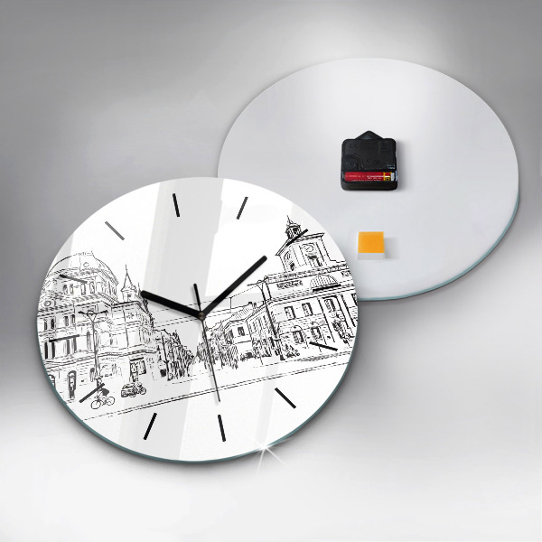 Round glass clock Illustration of the city of Poznań