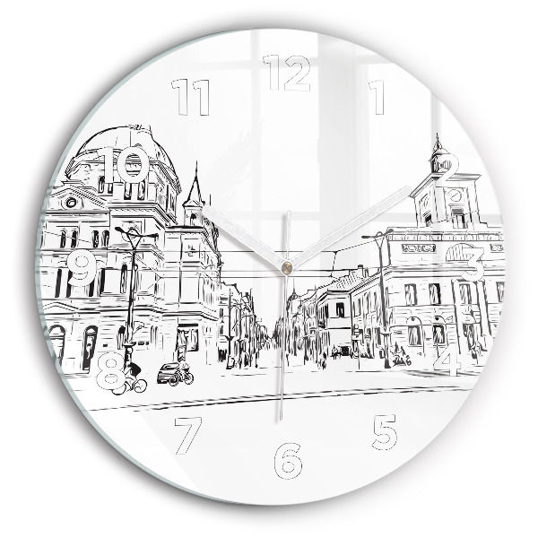 Round glass clock Illustration of the city of Poznań