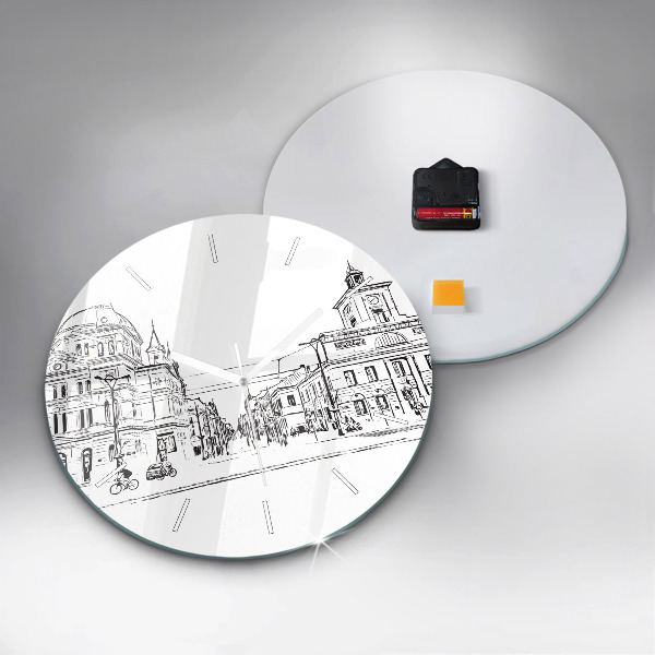 Round glass clock Illustration of the city of Poznań