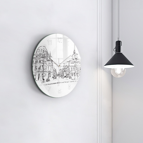 Round glass clock Illustration of the city of Poznań