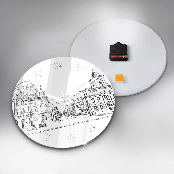 Round glass clock Illustration of the city of Poznań