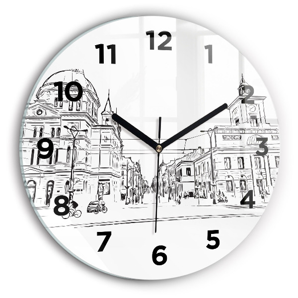 Round glass clock Illustration of the city of Poznań