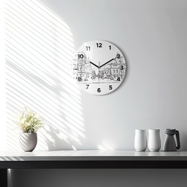 Round glass clock Illustration of the city of Poznań