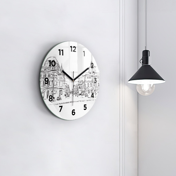 Round glass clock Illustration of the city of Poznań