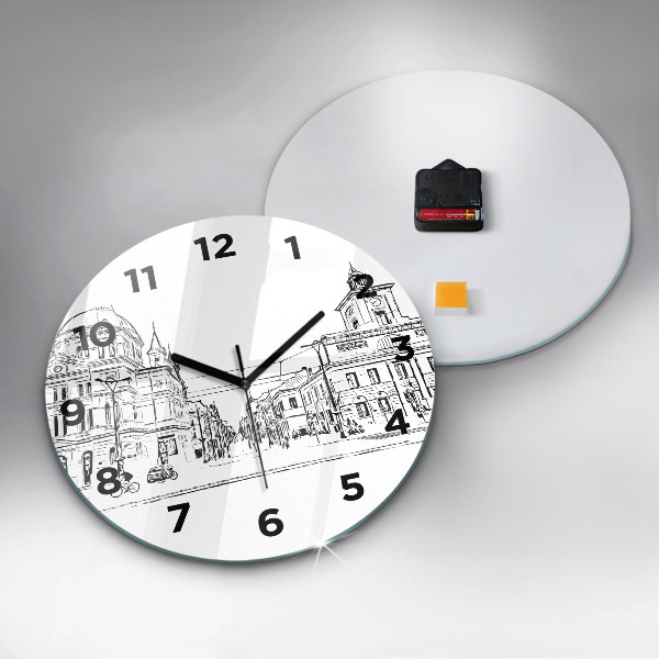Round glass clock Illustration of the city of Poznań