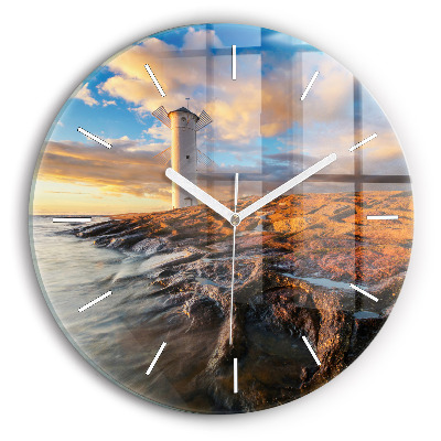 Round glass clock The Lighthouse and the Baltic Sea
