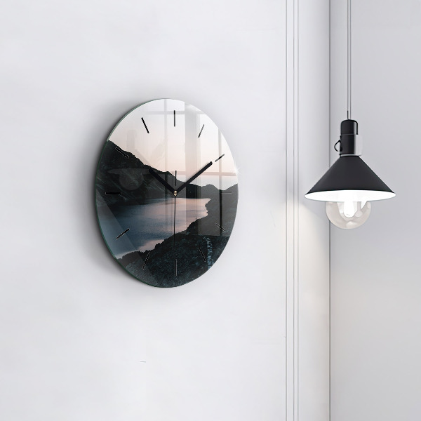 Round glass clock Lake and mountains