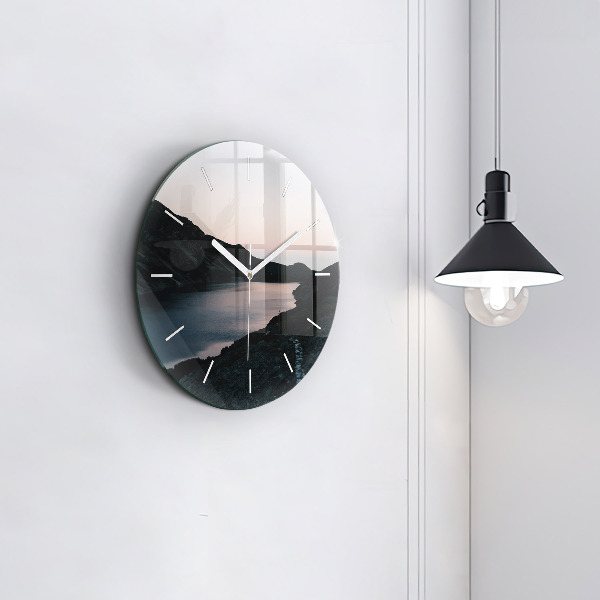 Round glass clock Lake and mountains