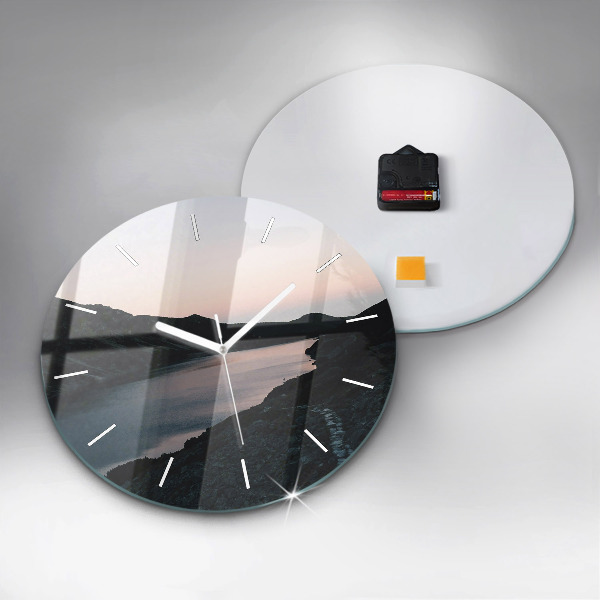 Round glass clock Lake and mountains