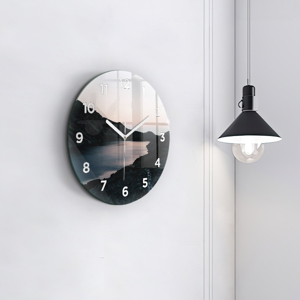 Round glass clock Lake and mountains