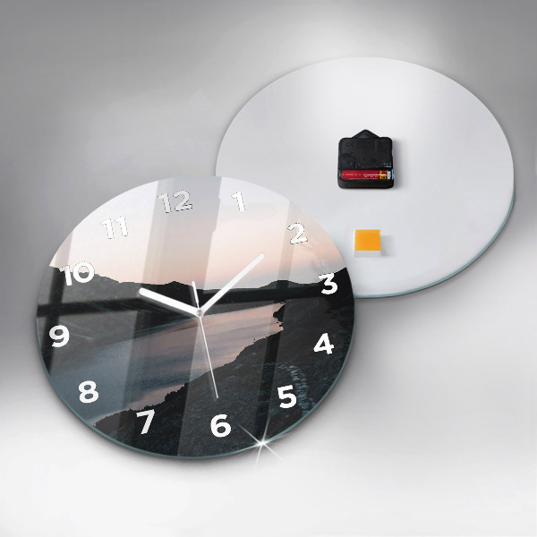 Round glass clock Lake and mountains