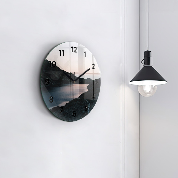Round glass clock Lake and mountains