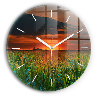 Round glass clock Sunflowers in the meadow