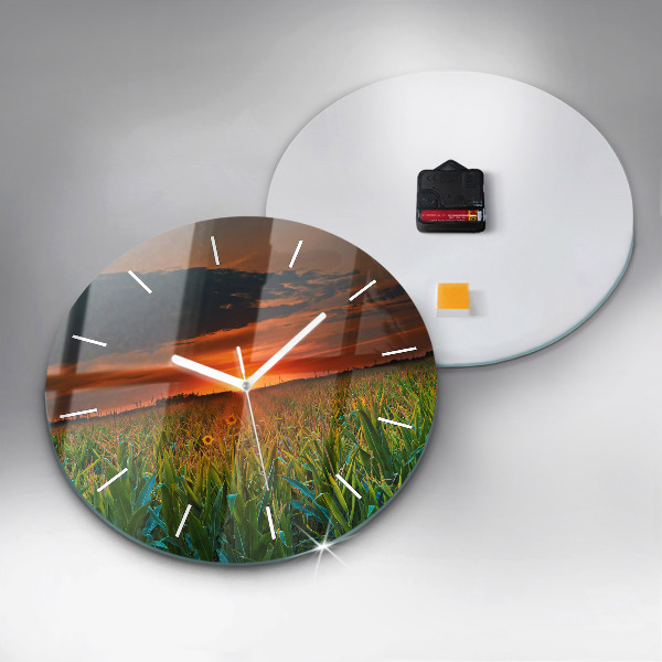 Round glass clock Sunflowers in the meadow