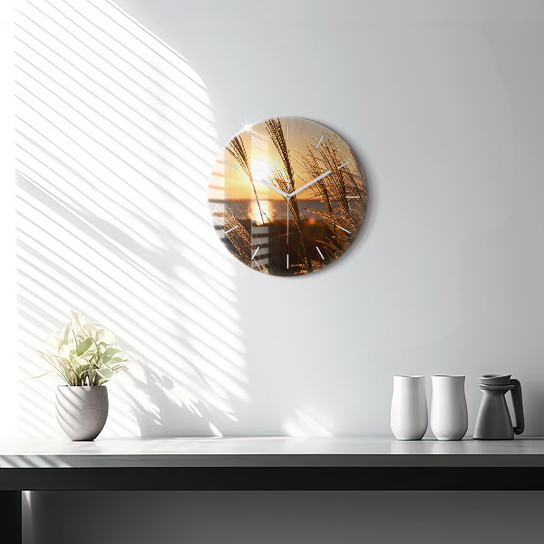 Round glass clock Wheat in the golden sun