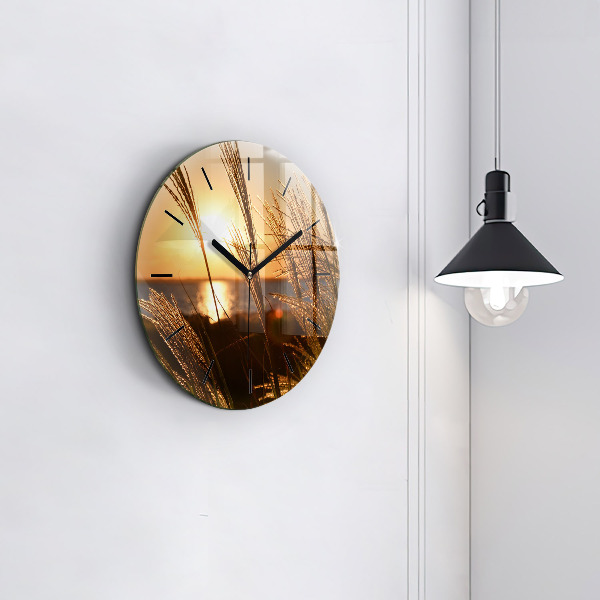Round glass clock Wheat in the golden sun