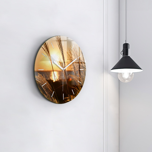 Round glass clock Wheat in the golden sun