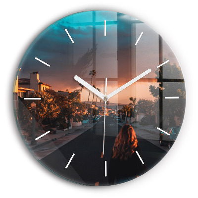 Round glass clock Woman on the road
