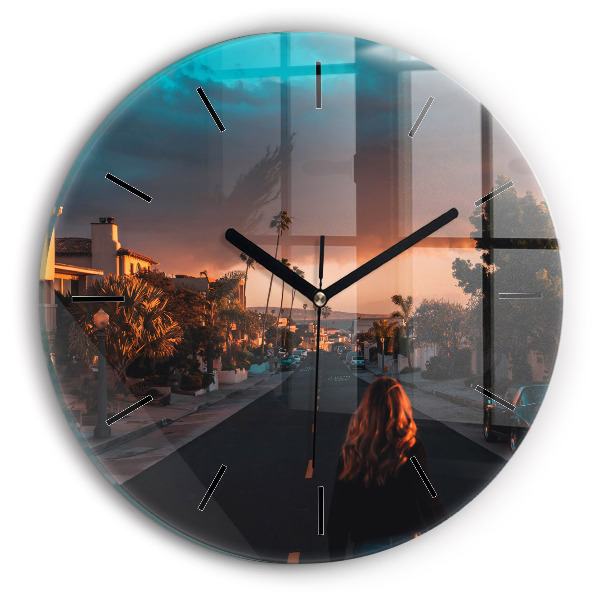 Round glass clock Woman on the road