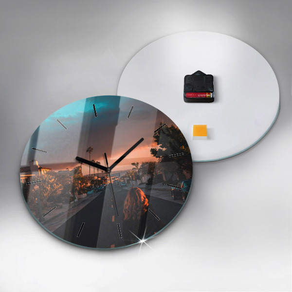 Round glass clock Woman on the road