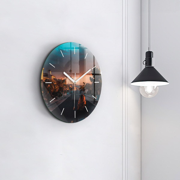 Round glass clock Woman on the road
