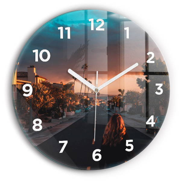 Round glass clock Woman on the road