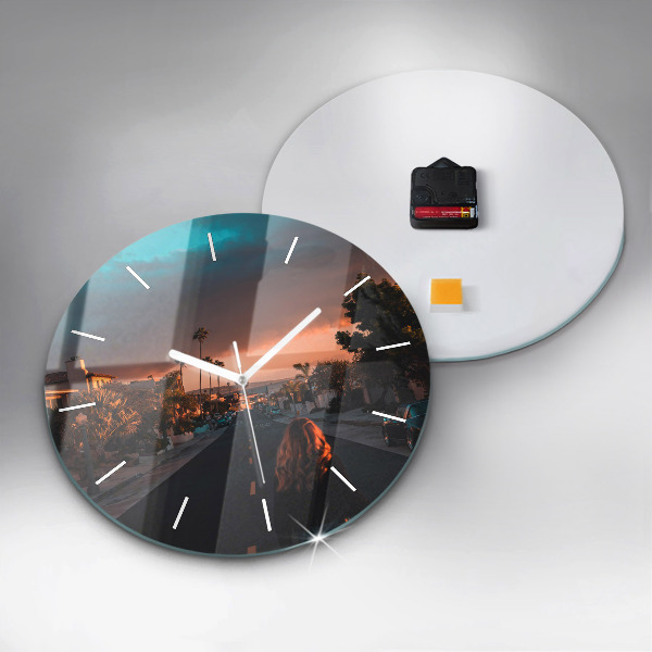 Round glass clock Woman on the road