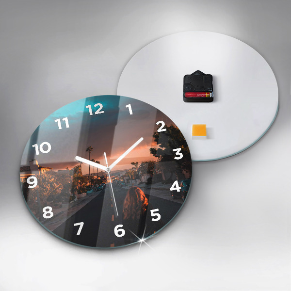 Round glass clock Woman on the road