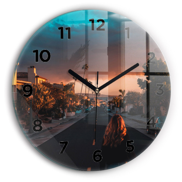 Round glass clock Woman on the road