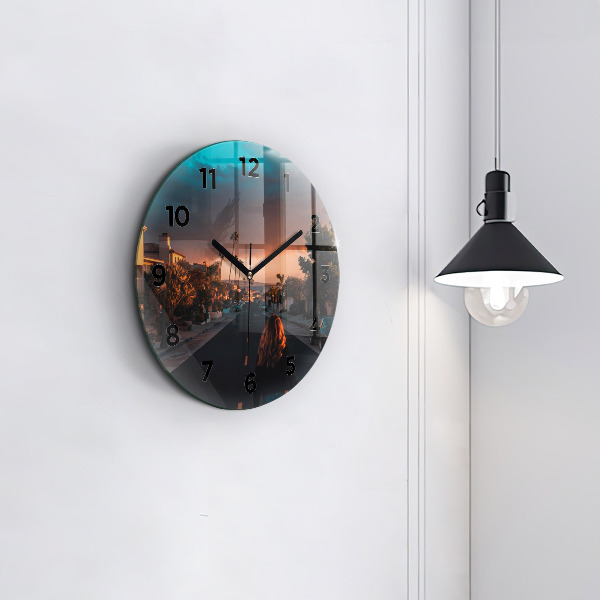 Round glass clock Woman on the road