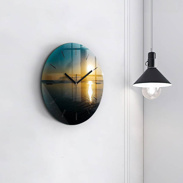 Round glass clock Sunrise landscape