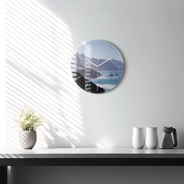 Round glass clock Mountains by the ocean