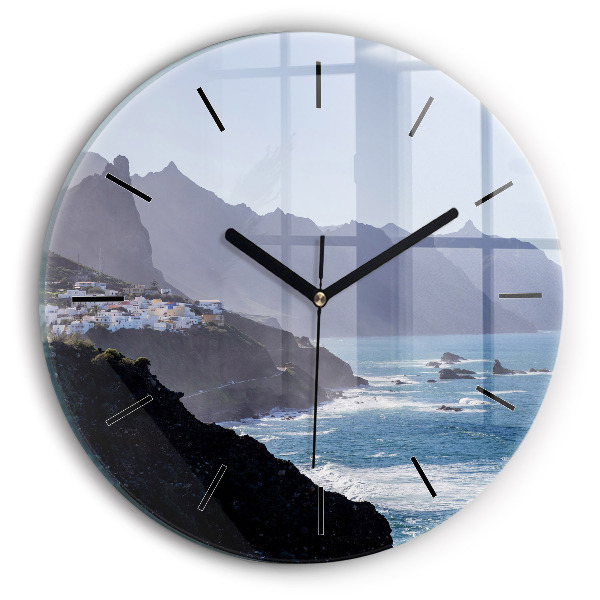 Round glass clock Mountains by the ocean