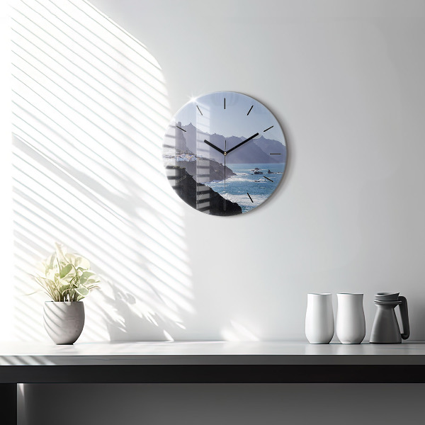 Round glass clock Mountains by the ocean