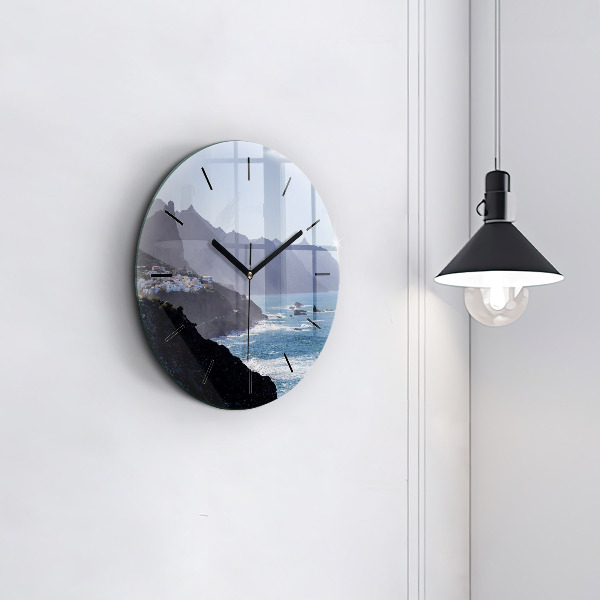 Round glass clock Mountains by the ocean