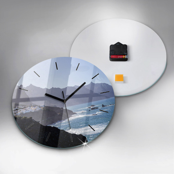 Round glass clock Mountains by the ocean