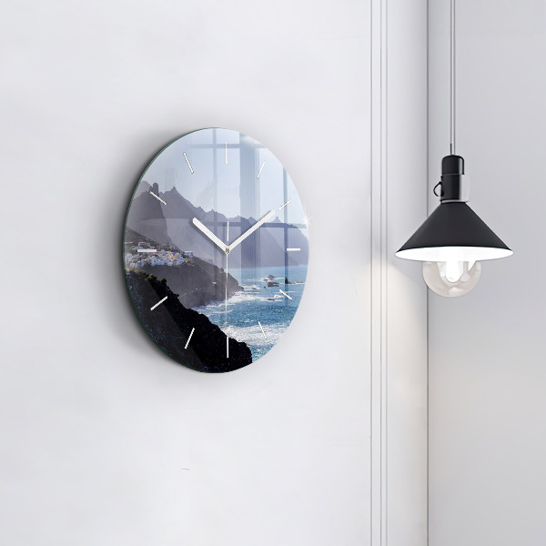 Round glass clock Mountains by the ocean