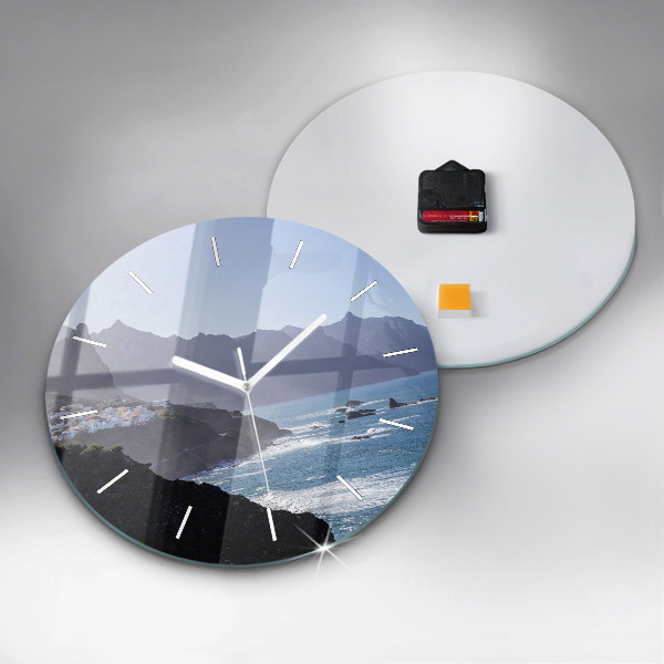 Round glass clock Mountains by the ocean
