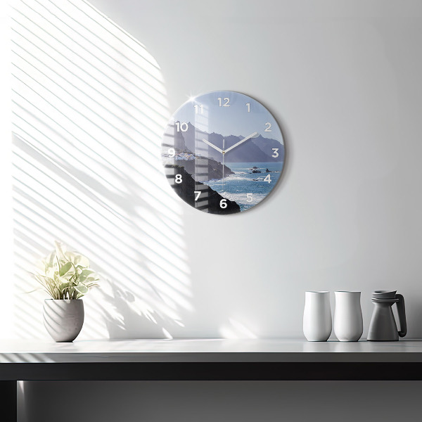 Round glass clock Mountains by the ocean