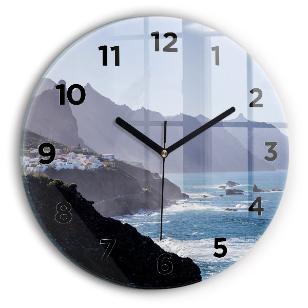 Round glass clock Mountains by the ocean