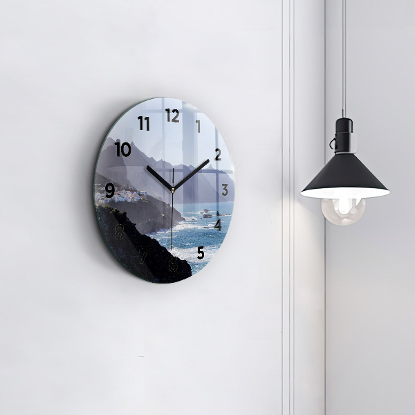 Round glass clock Mountains by the ocean