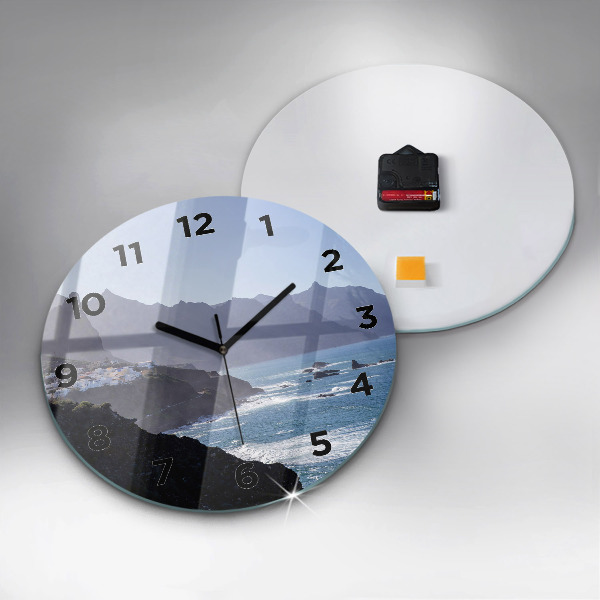 Round glass clock Mountains by the ocean