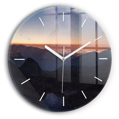 Round glass clock Mountains at sunset