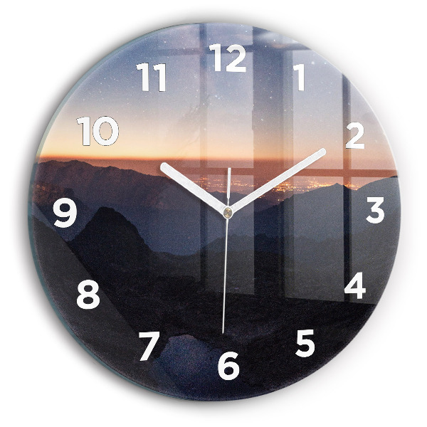 Round glass clock Mountains at sunset
