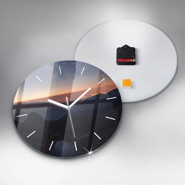 Round glass clock Mountains at sunset