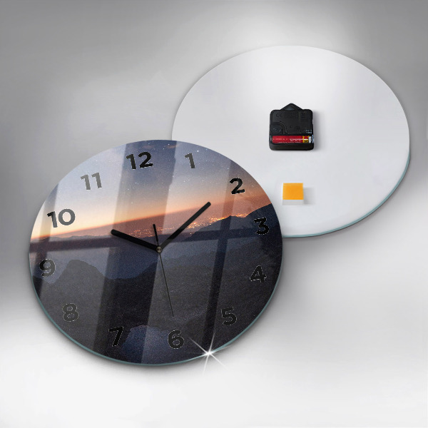 Round glass clock Mountains at sunset
