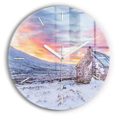 Round glass clock Cottage in the mountains